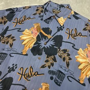 Kim Taylor Reece X Hilo Hattie 100% Silk Hawaiian Shirt Mens XL Blue Hula Girl